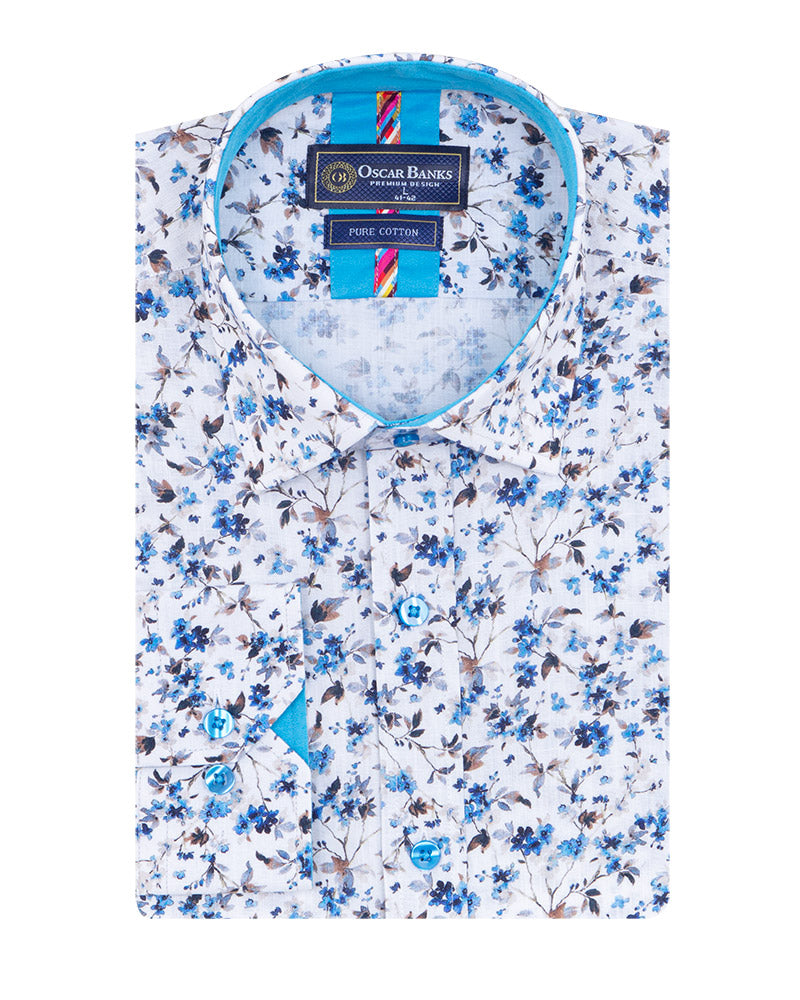White Small Floral Print Shirt with Matching Handkerchief-Makrom