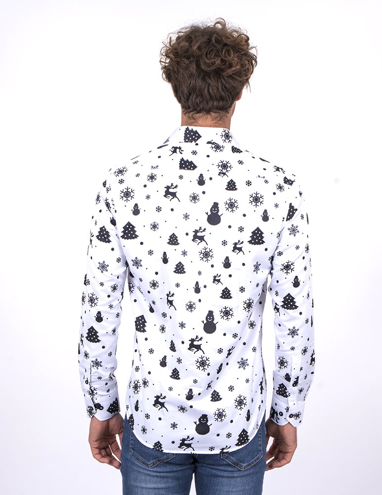 White Snowflake Christmas Snowman Print Men's Shirt-Makrom