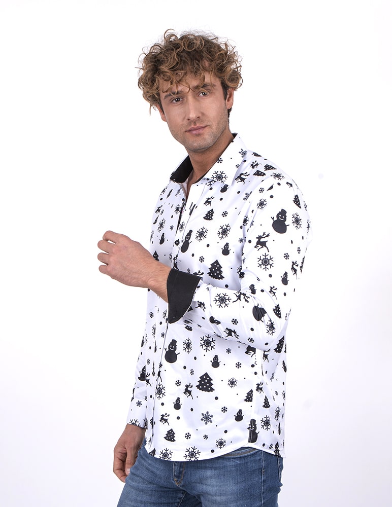 White Snowflake Christmas Snowman Print Men's Shirt-Makrom