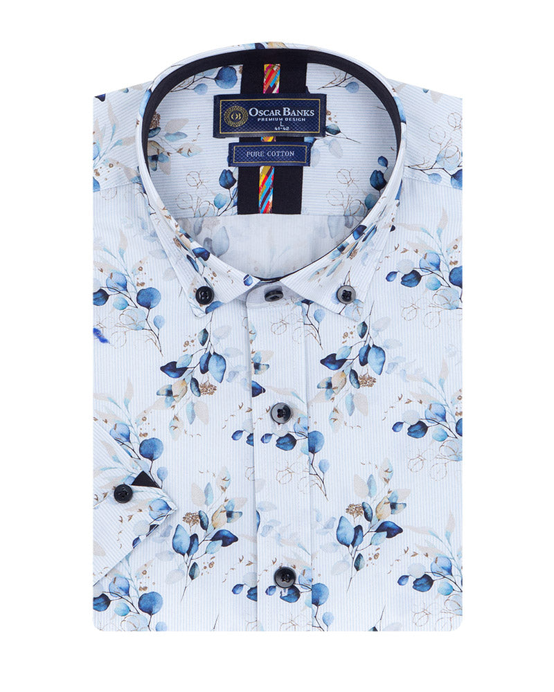 White Spring Flower Print Short Sleeve Shirt-Makrom