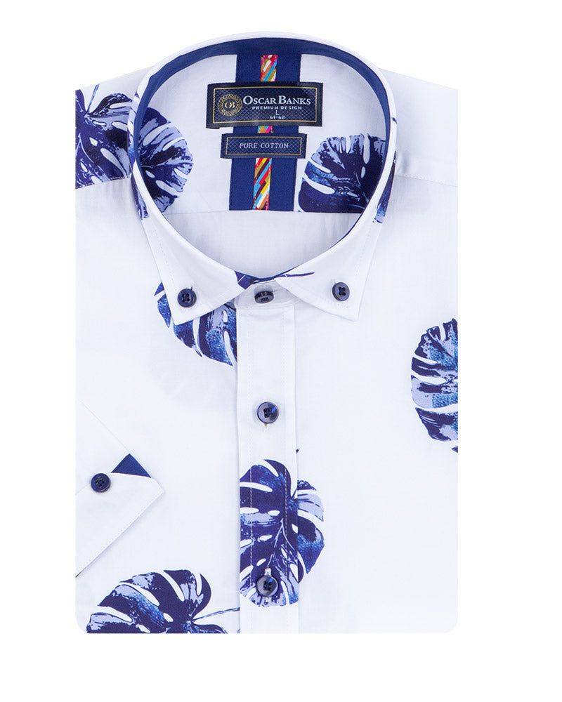 White Tropical Palm Leaf Print Short Sleeve Shirt-Makrom