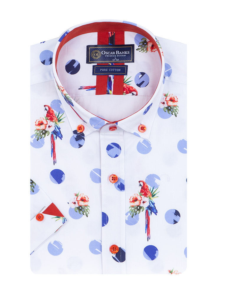 White Tropical Parrot Print Short Sleeve Shirt-Makrom