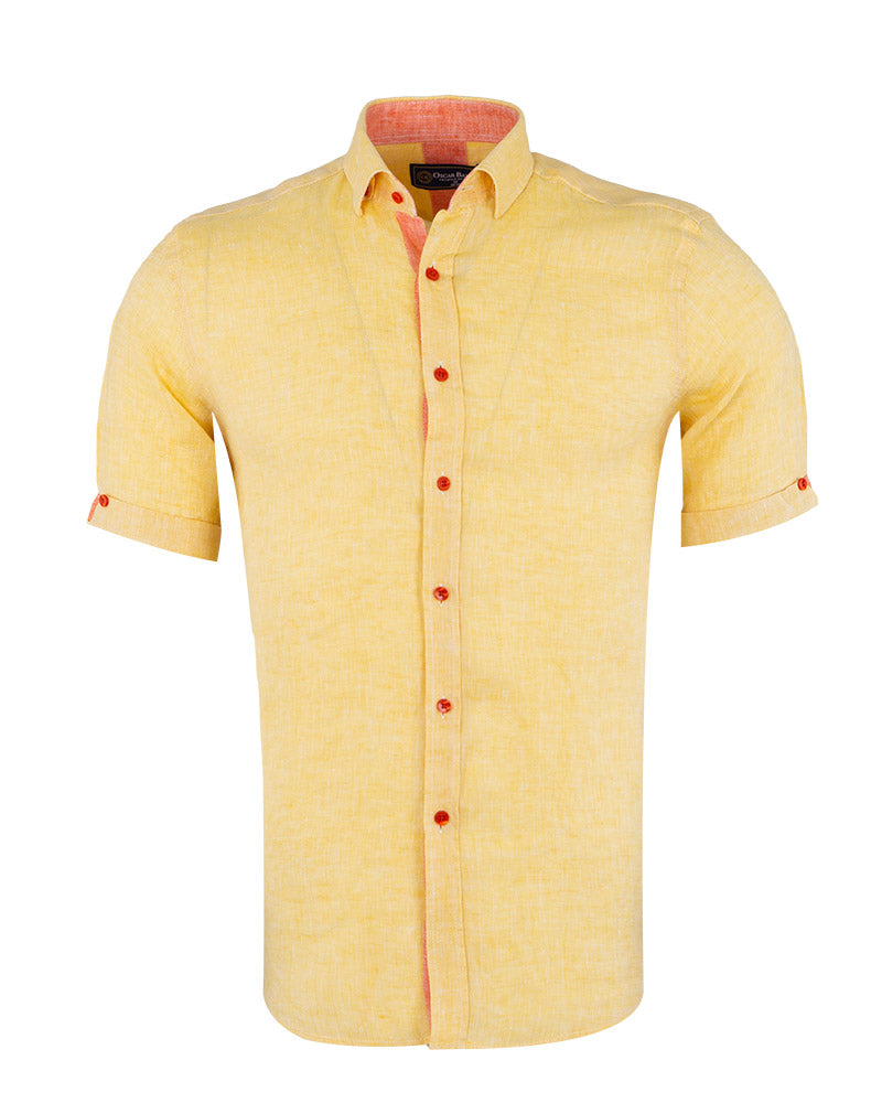 Yellow Plain Linen Short Sleeve Shirt-Makrom