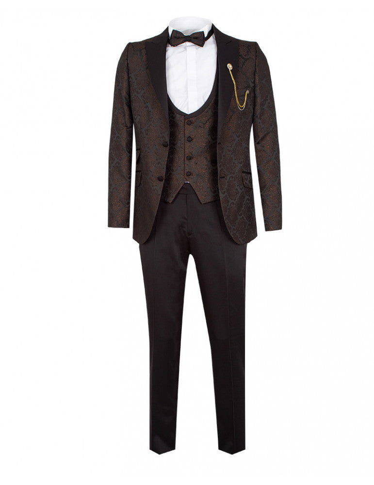 Brown Cream Men's Three Piece Textured Suit