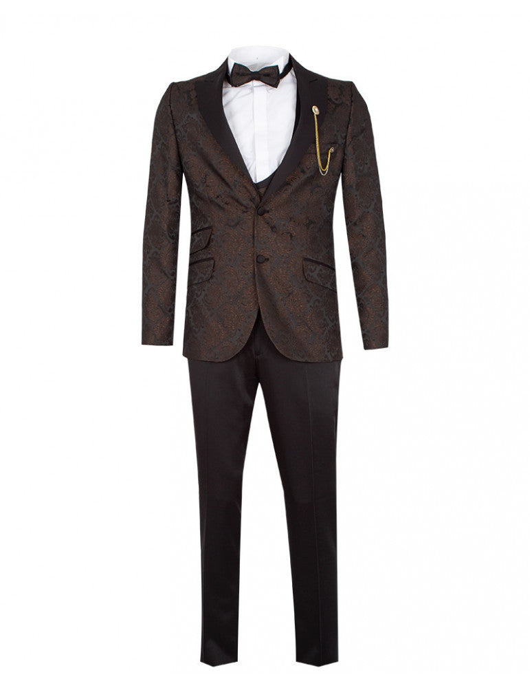 Brown Cream Men's Three Piece Textured Suit