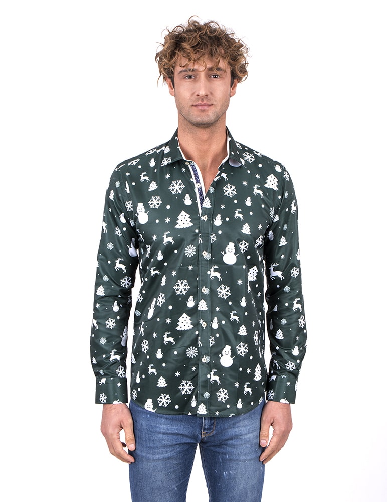 Green Flora Christmas Snowflake Snowman Print Men's Shirt