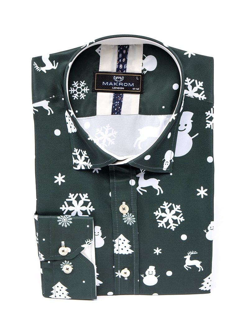Green Flora Christmas Snowflake Snowman Print Men's Shirt