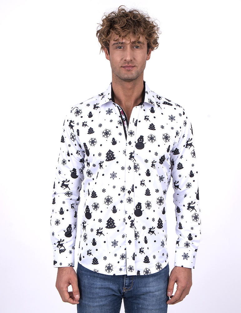 White Snowflake Christmas Snowman Print Men's Shirt