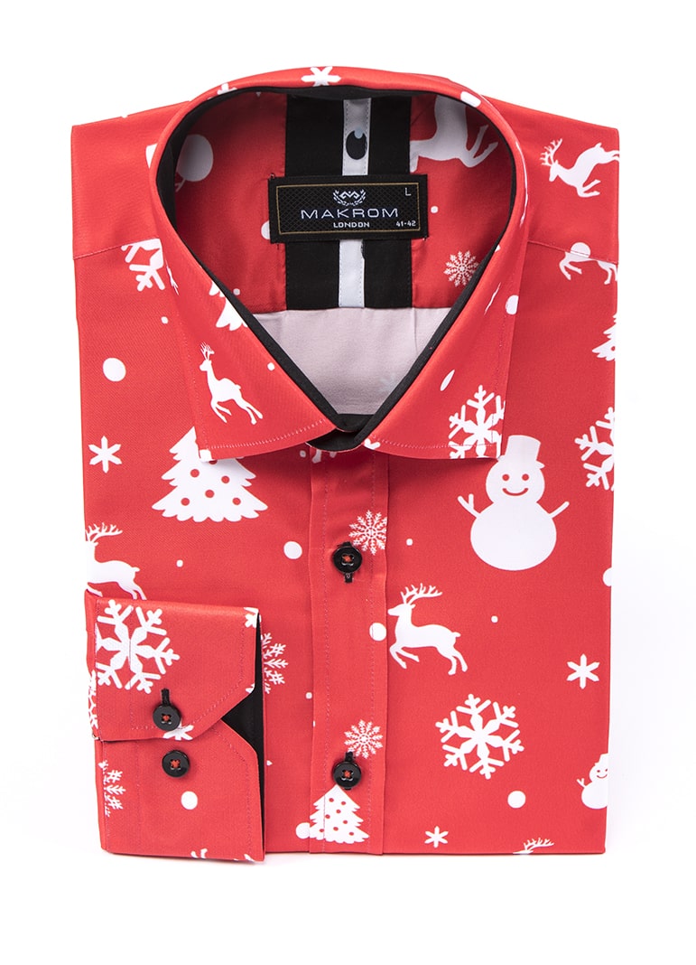 Red Snowflake Christmas Snowman Print Men's Shirt