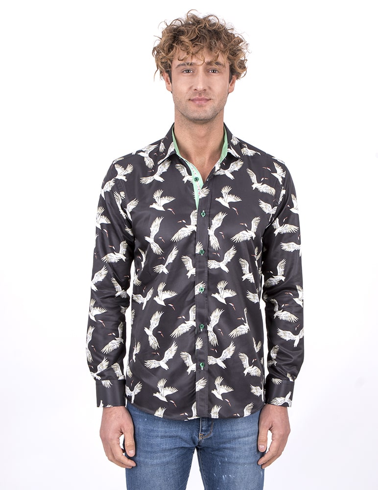 Black Flying Bird Print Men's Shirt