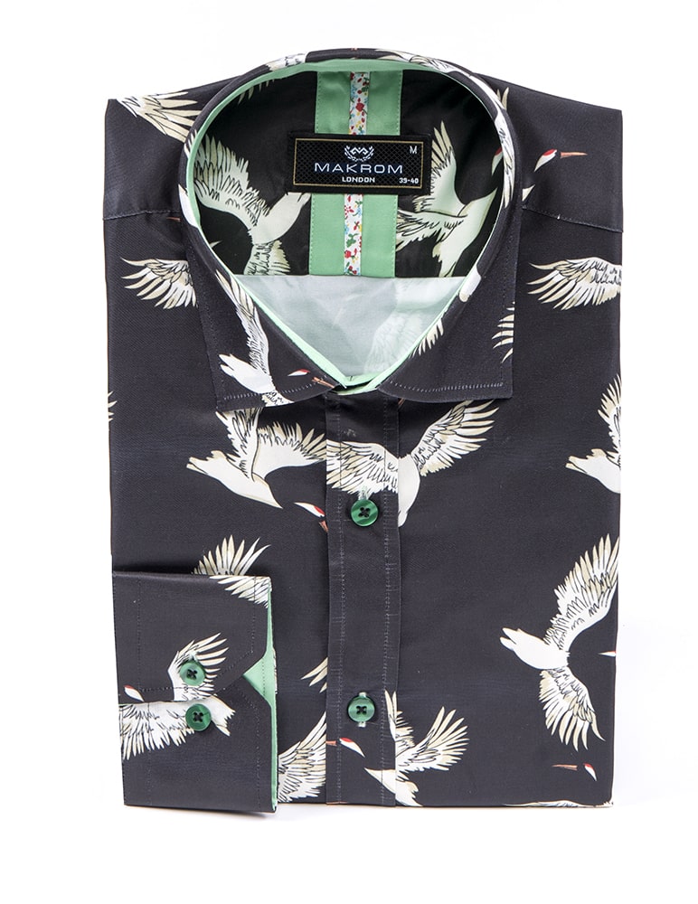 Black Flying Bird Print Men's Shirt