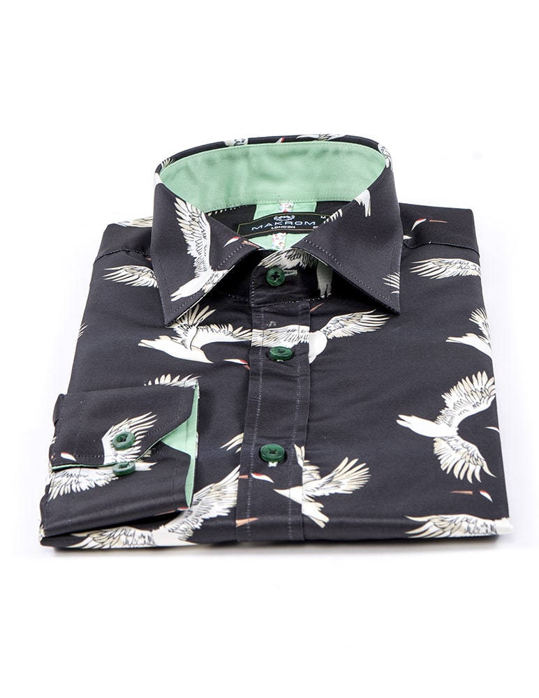 Black Flying Bird Print Men's Shirt