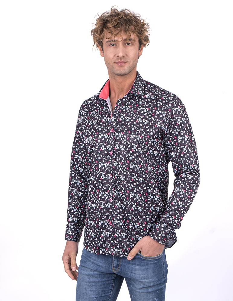 Black Floral Print Men's Shirt